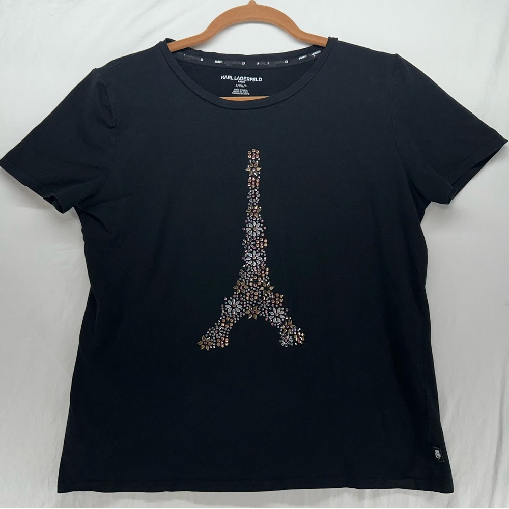 Karl Lagerfeld Paris Black Eiffel Tower Sparkle T Shirt Womens S Short Sleeve